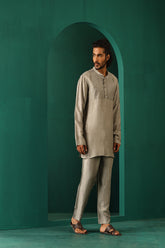 Truebrowns Men'S  Grey Silk Co-Ord Set Yoke Detail